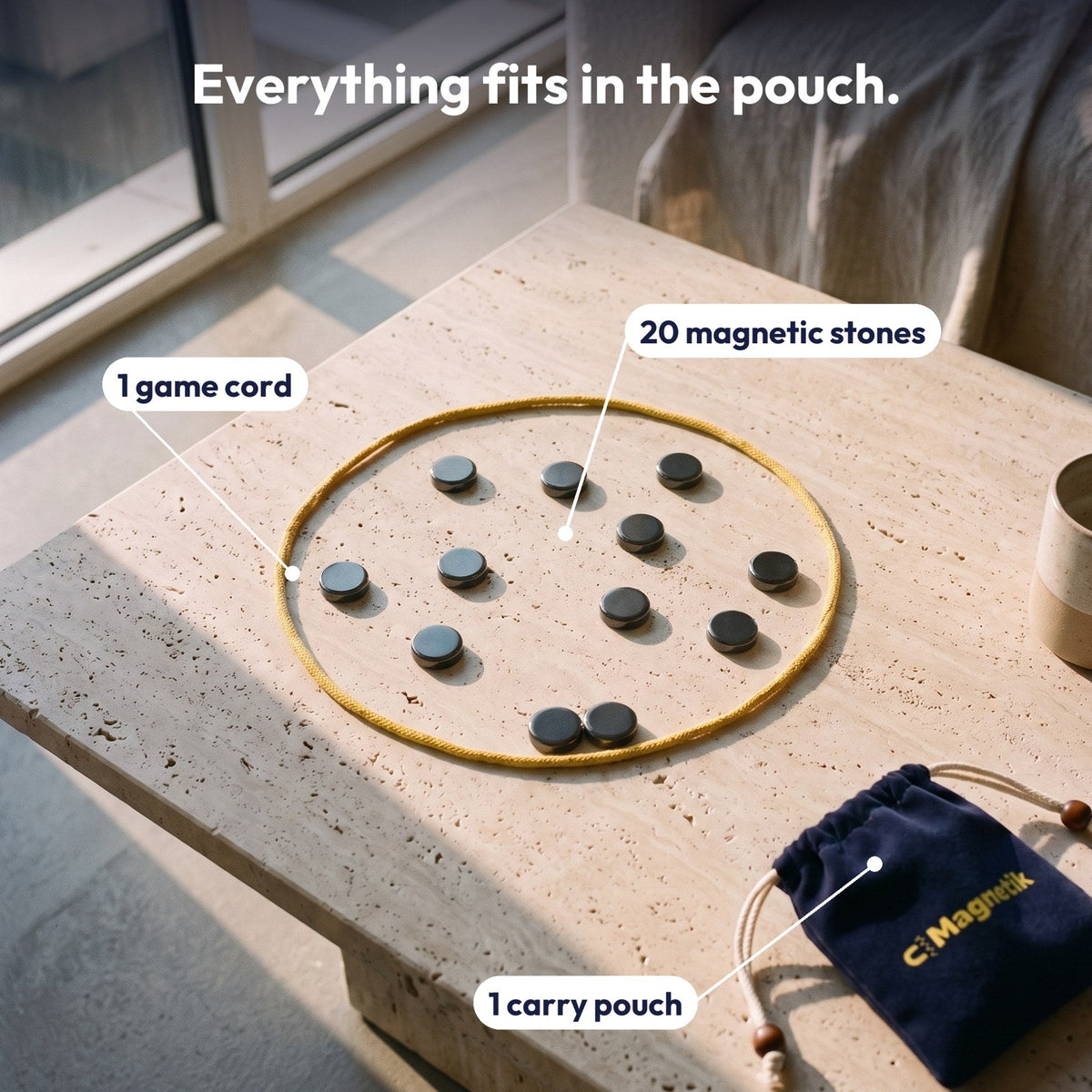 What's in the box: 20 magnetic stones, 1 cord, 1 pouch