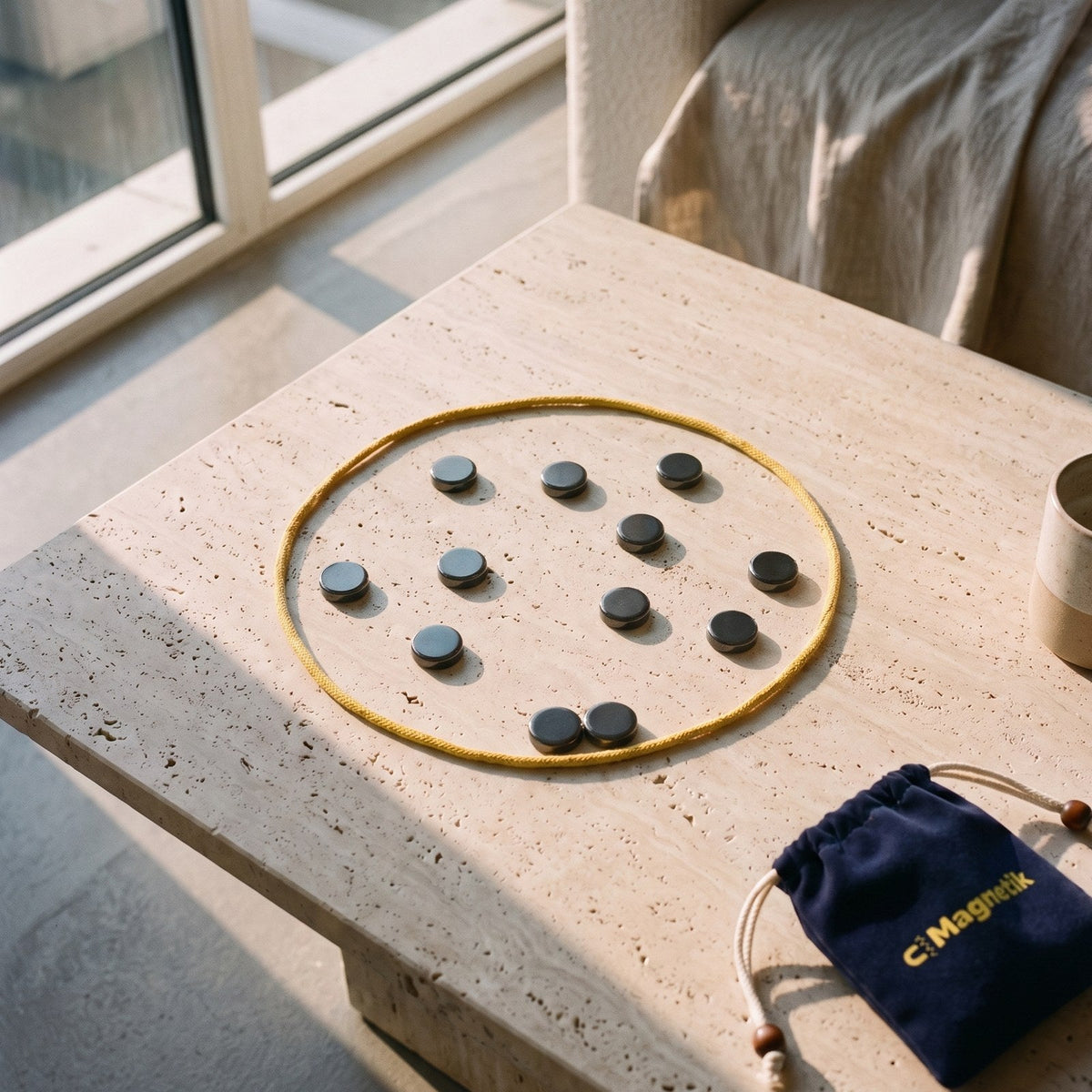Magnetik game: yellow cord and magnetic stones on a coffee table