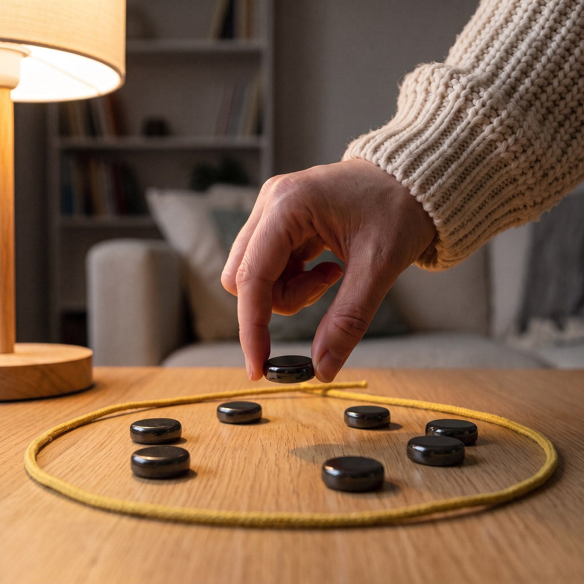 A hand placing a stone inside the circle